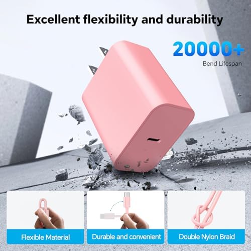 20 W Fast Charging USB C Charger Block in Chic Pink – Includes 6 TF/10 FT Type C to USB-C Cable – Optimized for i Phone 16 Series, i Pad & More – Perfect for Home, Office & Travel – Safe, Reliable, and Stylish Charging Solution