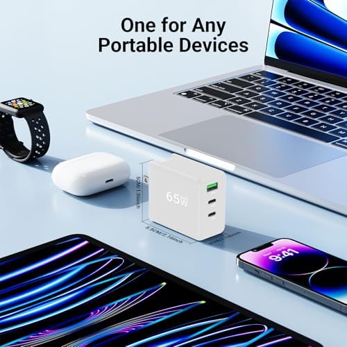 65 W USB C Wall Charger – Compact 3-Port Fast Charging Station for Mac Book Pro, i Pad Pro, Galaxy S23 & i Phone 15 – Foldable Travel Design with Universal Compatibility & Enhanced Safety Features for Optimal Device Performance