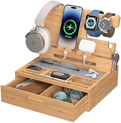 Pezin & Hulin Wooden Charging Station, Bedside Nightstand Tray, with Spacious Drawer, Felt Pads for Phones, Watch, Idea Gifts for Him Birthday, Son, Christmas for Papa Fathers Day – Enhanced Compatibility and Speed