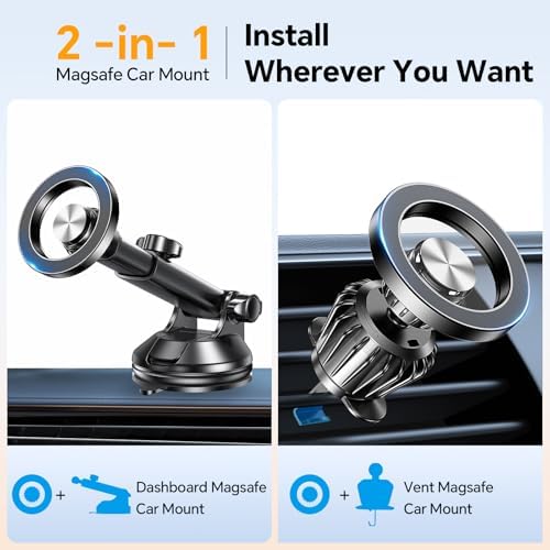 Coolpow Mag Safe Car Mount – Versatile Magnetic Phone Holder for i Phone 13-16 | Windshield, Vent & Dashboard Suction Cup Stand | Enhanced Stability & Easy Access for Navigation & Hands-Free Calls | Premium Car Accessories to Elevate Your Driving Experience
