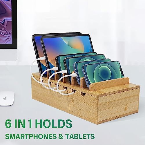 Eco-Friendly Bamboo Multi-Device Charging Station – Stylish Desk Organizer with 6 Premium Cables for i Phone & More – Efficient Quick Charge Hub for a Clutter-Free Workspace