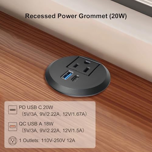 Transform Your Workspace with the 20 W USB-C Fast Charge Recessed Power Grommet – 2-Inch Flush Mount Desk Outlet Featuring 6.5 FT Extension Cord for Effortless Connectivity in Home, Office, School, or Hotel – Ultimate Space-Saving Power Solution with Enhanced Device Compatibility