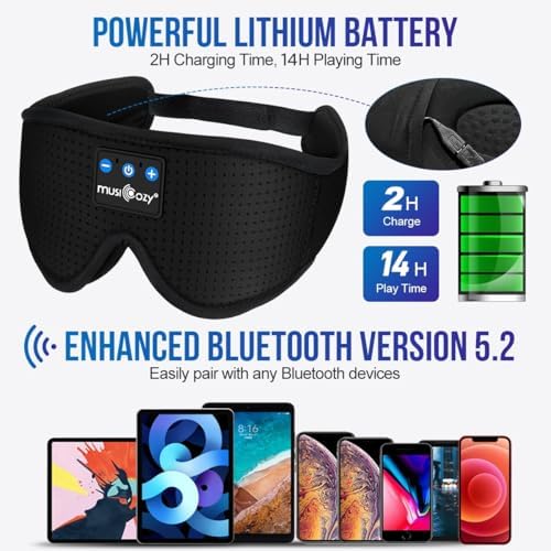 Transform Your Sleep Experience with the MUSICOZY Bluetooth Sleep Mask – Premium Wireless Eye Cover Featuring Built-In Earbuds for Ultimate Comfort, Perfect for Side Sleepers, Office Relaxation, and Travel – Advanced Bluetooth 5.4 Connectivity for Effortless Pairing and High-Quality Sound, Ideal Tech Gift for Anyone Seeking Restful Slumber.