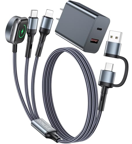 4 FT USB-C Multi-Device Charging Cable Duo for Apple Watch and i Phone – Superior 3-in-2 Charging Solution for i Watch Models and i Phone 16/15/14/13/12/11 & Galaxy S23 – Enhanced Rapid Charging, Exceptional Durability, and Total Convenience for Mobile Users
