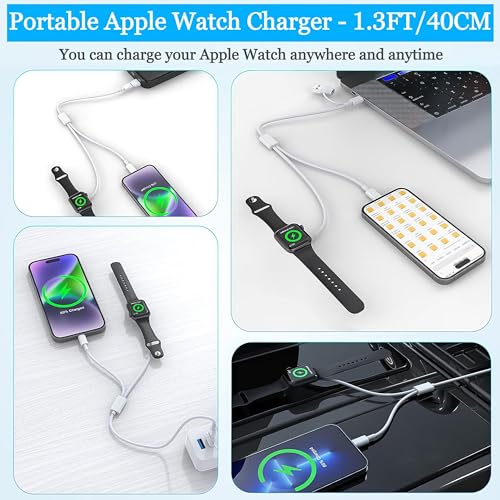 Ultimate 3-in-1 Portable Charger for Apple Watch & i Phone | Fast-Charging Cable Compatible with All Apple Devices Including i Pad, Air Pods, and Mac Book | Compact 1.3 ft Design for Maximum Portability and Enhanced Charging Speed | Reliable Accessory for On-the-Go Power Needs