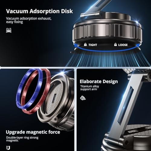 Vacuum Suction Magnetic Phone Holder, 360° Adjustable Suction Cup Phone Holder, Foldable Vacuum Suction Cup Phone Mount, Portable Cell Phone Holder for Your Car, Gym, Smooth Surface, Obsidian Black – Enhanced Compatibility and Speed