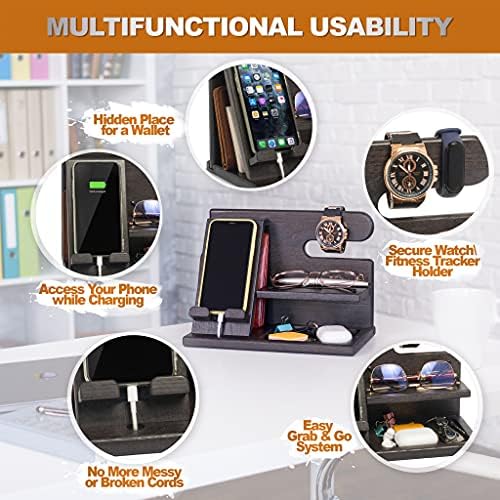 TESLYAR Wood Phone Docking Station for Men – Desktop or Nightstand Organizer – Birthday Gifts for Men, Dad – Anniversary Idea from Wife – Key Holder, Stand Wallet, Watch & Essentials (Antique Brown) – Enhanced Compatibility and Speed