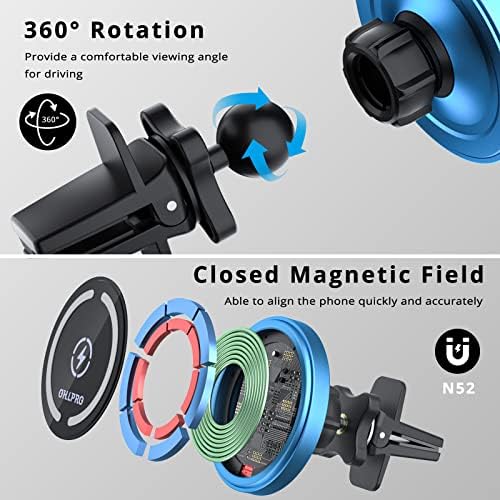 OHLPRO Mag Safe Car Charger Mount for i Phone 16/15/14/13 Pro Max – 15 W Fast Charging Phone Holder with 360° Rotation, Secure Adhesive Base for Tesla and Other Vehicles, Ultimate Magnetic Car Accessory for Safe Driving and Hands-Free Navigation – Perfect Gift for Tech Enthusiasts and Road Warriors