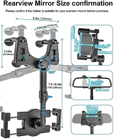 Universal 360° Rotatable Car Rearview Mirror Phone Holder – Adjustable Mount for i Phone 16 Pro Max, 15, 14, 13, 12, 11 & All Smartphones – Enhance Safety & Convenience with Retractable Arm and Secure Clip for Optimal Navigation Access