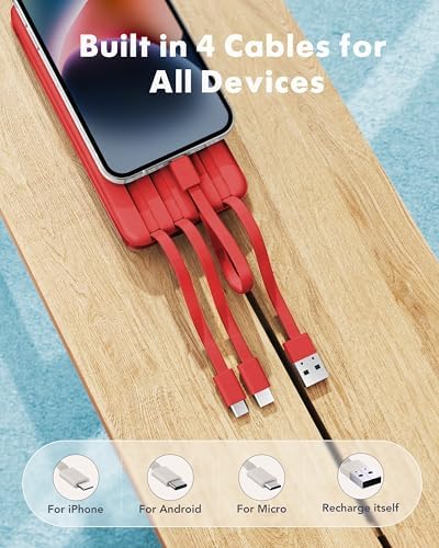 Ultra-Slim 10,000 m Ah Portable Power Bank with Built-In Charging Cables – 6 Outputs, 3 Inputs, Fast 3 A Charging for Universal Device Compatibility – Essential Travel Battery Pack for i Phone, Samsung, Google Pixel, LG, and More