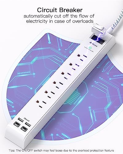 Maximize Your Power Access with 2 Pack 10 ft Surge Protector Power Strip – 6 Outlets & 4 Fast USB Charging Ports, Space-Saving Flat Plug Design, Overload Safety Features, Wall Mount Capability for Home, Office & Dorm Essentials