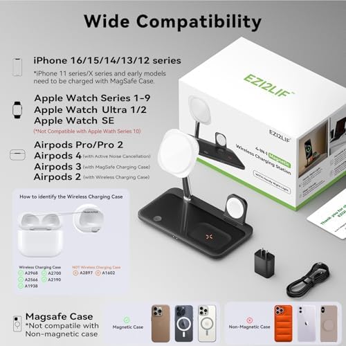 Revolutionize Your Charging Routine with the 4-in-1 Mag-Safe Wireless Charging Station – Optimized for i Phone 16/15/14/13/12, Apple Watch Series 9-1/Ultra/SE, and Air Pods 4/3/2/Pro with Built-in Night Lamp for Enhanced Ambiance and Speed – Perfect for Streamlined Home or Office Use