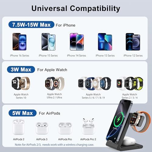Ultimate 3-in-1 Magnetic Wireless Charging Station – High-Speed 20 W Foldable Charger for i Phone 12-16 Series, Apple Watch 10/Ultra 2, and Air Pods 4 – Portable Travel-Friendly Design with Adapter for Seamless Power Solutions