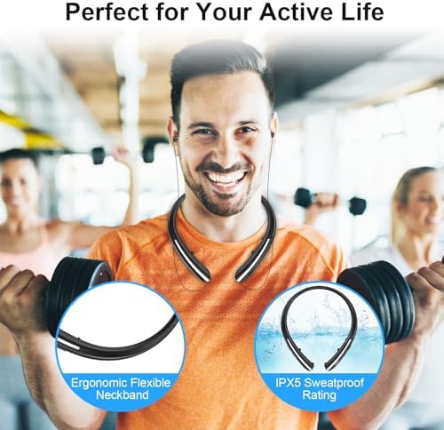 Premium Bluetooth 5.0 Neckband Earbuds – Advanced Noise-Cancellation and Sweat-Resistant Design for Unmatched Sound Quality – Ergonomic Retractable Ear Tips for On-the-Go Professionals and Music Aficionados – Sleek Black Finish for Stylish Audio Experience