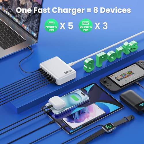 Revolutionary 300 W Ga N IV Technology USB-C Charging Hub – 8-Port Multi-Device Charger for Mac Book Pro/Air, DELL Laptops, i Phone 16/15/14 & Galaxy S25 – Sleek Navy Finish for Enhanced Home & Office Efficiency – Your Premier Solution for Rapid Device Power and Seamless Connectivity