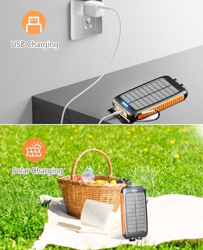 Ultra-Reliable 20,000 m Ah Solar Power Bank – High-Speed Portable Charger with Dual Flashlights, Eco-Friendly Solar Panel, and Carabiner for Adventurers and Daily Commuters – Waterproof External Battery for Fast Charging Smartphones and Tablets