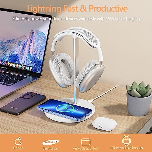 Upgrade Your Desk with the All-in-One Wireless Headphone Stand & Fast Charging Dock – Sleek Organizer for i Phone 15/14/13/12/11 & Air Pods Pro/3/2, Premium White Finish Ideal for Gamers and Music Aficionados, Optimize Your Workspace Efficiency and Connectivity