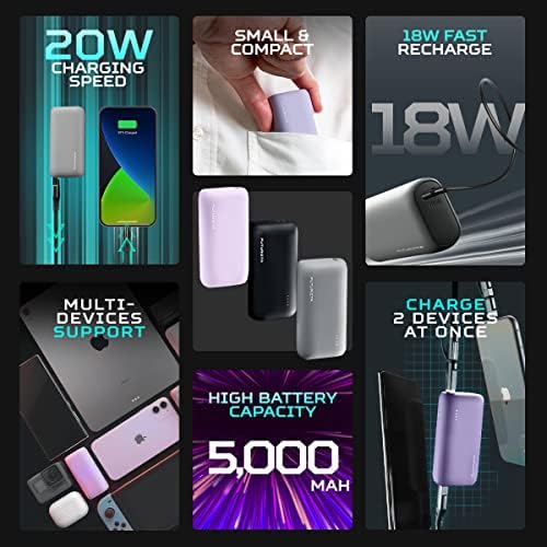 Futurizta Tech® Pixy Mini 5000 m Ah Ultra-Compact Lavender Power Bank – Dual Port Fast Charger with 20 W PD Output & QC 3.0 for Seamless Device Compatibility – Lightweight Portable Charger with Carrying Pouch for On-the-Go Power Solutions