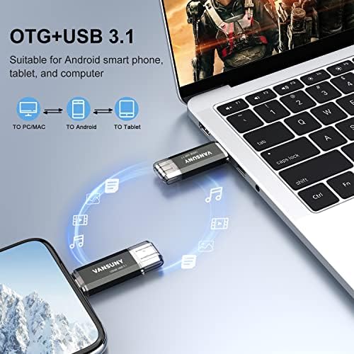 Vansuny 256 GB Dual Type C USB Flash Drive – Versatile OTG Memory Stick for Android, PC & Tablet – High-Speed USB 3.0 Data Transfer with Keychain Attachment – Ideal Solution for Photos, Videos & Document Storage