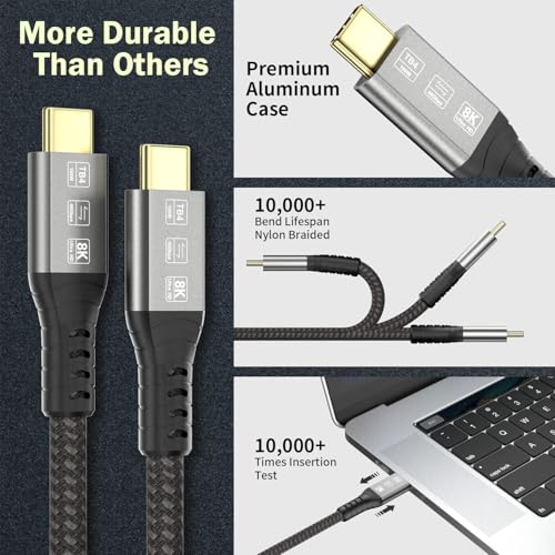 USB-C 4FT 40Gbps Braided Cable – 90 Degree, 8K Display, 100W Charging, Compatible with Thunderbolt 4/3 USB4/3, MacBook Pro, External SSD, eGPU – Enhanced Compatibility and Speed