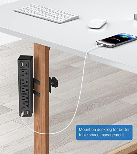 40 W Fast Charging Desk Clamp Power Strip with 4 PD20 W USB Ports and 5 Outlets – 1200 J Surge Protector for Enhanced Device Safety – Perfect for Home Offices, Workshops, and Gaming Stations – Durable Design for Easy Attachment to 1.65” Thick Tabletops