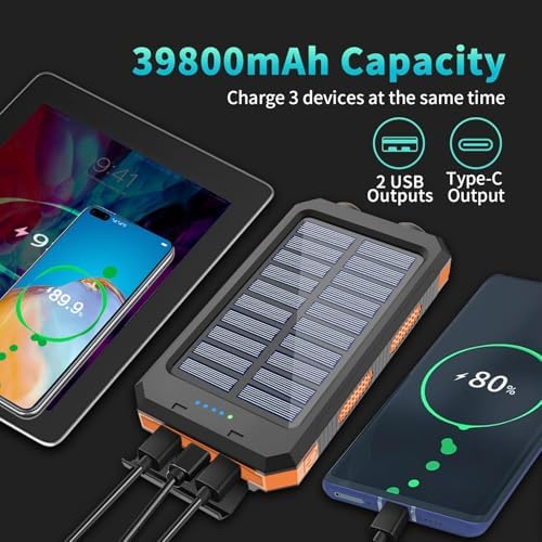 High-Capacity 39,800 m Ah Solar Power Bank: Ultra-Fast USB-C Charger with Emergency LED Light & Navigation Compass – Ideal for Adventurers & Daily Users Seeking Reliable Energy Solutions