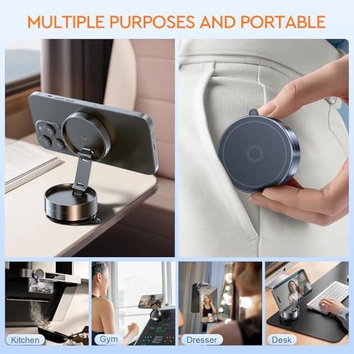 Vacuum Magnetic Phone Holder, 2025 Upgrated Vacuum Magnetic Phone Stand, Suction Cup Phone Mount, 360 Rotary, Folding Swivel Stand, Vacuum Suction Phone Holder for Car Mirror Gym Shower, Black – Enhanced Compatibility and Speed