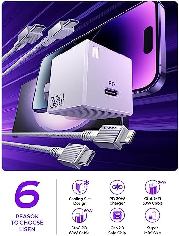 30 W Ga N PD Fast Charging USB C Wall Charger Block with USB-C to Lightning and USB-C Cables – Ideal for i Phone 14/13/12 Pro Max & i Pad Pro – Compact, Durable Design for Rapid Power Boost Anywhere