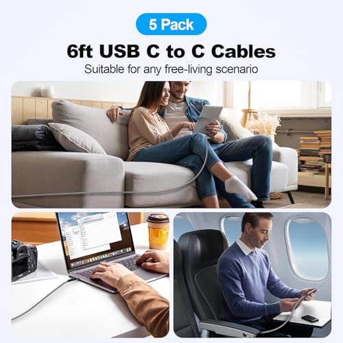 High-Speed USB C Cable 100 W – 6 ft Fast Charging Solution for i Phone 16/15 & i Pad Mini 6 – Type C to C (5-Pack) – Enhanced Durability & Versatile Compatibility – Grey Professional Design for Home & Office Use