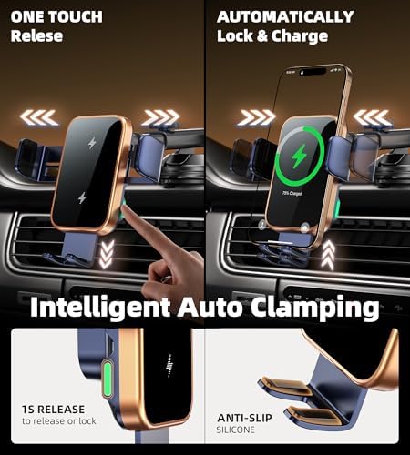Revolutionary 15 W Dual Coil Wireless Car Charger & Auto-Clamping Phone Holder for Samsung Galaxy and i Phone Series – Effortless One-Handed Operation & Enhanced Compatibility for Safe, Fast Charging on Dash, Vent, or Windshield