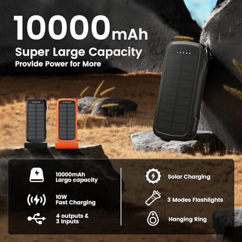 Portable Solar Power Bank 10,000 m Ah – Dual Built-in Cables & Fast 15 W Wireless Charging – Eco-Friendly Design with Cigarette Lighter & 3 LED Flashlight Modes – Perfect for Camping, Emergencies & Everyday Use – Ideal Gift for All Occasions