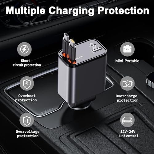 Ultra-Compact 4-in-1 Retractable Car Charger – Dual Type-C and USB Ports, Super Fast Charging for Samsung Galaxy Note Series and More – Multi-Device Convenience for Road Trips and Daily Commutes