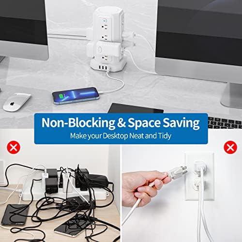 10 ft NTONPOWER Power Strip Tower with 8 Outlets & 5 USB Ports – Premium Surge Protector with Individual Switches, 1080 Joules Protection, 13 A Circuit Breaker – Ideal for Home Office & Entertainment Setup, Sleek Black Design for Ultimate Convenience