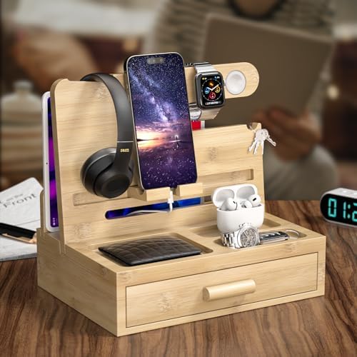 melafa365 Nightstand Organizer for Men,Phone Docking Station with Cable Management,Night Stand with Drawer,Bedside Organizer for Watches,Keys,Wallets,Gifts for Men(Wood) – Enhanced Compatibility and Speed