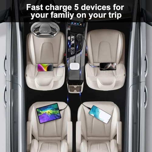 High-Speed 5-Port USB C Car Charger Adapter – 75 W PD 3.0 Fast Charging for i Phone 16/15/14/13 Pro Max, Galaxy S24/S23/S22/Note 20, Android, Pixel – Ultimate Multi-Device Power Solution for On-the-Go Convenience