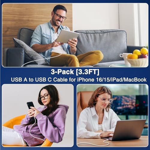3-Pack Black [3.3FT+3.3FT+6FT] USB A to USB C Cable，USB to USB C Car Carplay Cable for iPhone 16 15 Pro Plus Pro Max，for iPad Pro/Air/Mini，for Samsung S24/S23/S22，for MacBook Pro/Air and More – Enhanced Compatibility and Speed