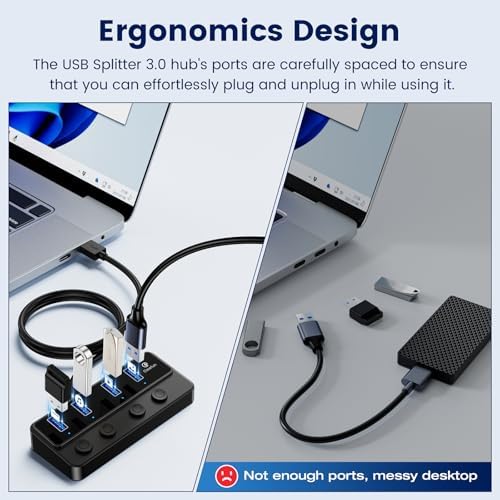 Revolutionize Your Connectivity with the Qeefun 4-Port USB 3.0 Hub – High-Speed 5 Gbps Data Transfer, Individual LED Power Switches, and 2 ft Extension Cable for Ultimate Flexibility – Perfect USB Splitter for Laptops, PCs, i Macs, and More! Enhance Your Workspace Efficiency and Control Multiple Devices Effortlessly!