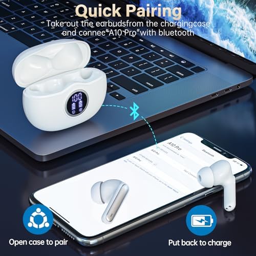 A10 Pro Wireless Earbuds – Advanced Bluetooth 5.3 Hi-Fi Stereo Headphones with 50 Hours Playtime, ENC Noise Cancellation for Superior Clarity, IPX7 Waterproof for Active Users, LED Battery Monitor – Ideal for Gym, Running, and Everyday Connectivity – Sleek Black Design