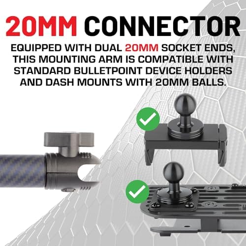 Revolutionize Your Drive with the Bulletpoint Dash Mount – 4.7″ Adjustable Arm for i Phone & Android Smartphones, Built with Carbon Fiber & Kevlar for Ultimate Durability, Compatible with 20 mm Ball Mounts – Effortless Access to Navigation & Calls
