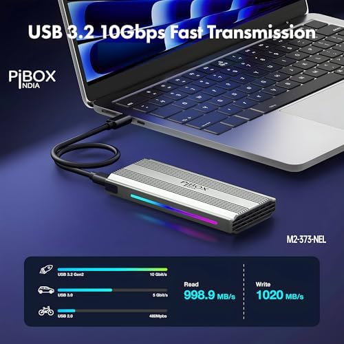 High-Speed Pibox India NVMe M2 Enclosure with Fan – USB 3.2 10 Gbps Tool-Free SSD Adapter for 2230/2242/2260/2280 M & B&M Keys – PCI-E NVMe Reader with Enhanced RTL9210 Performance and Heat Dissipation Solutions