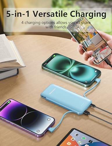 Dual 10000 m Ah Portable Power Bank Set with Built-In Cables and Fast Charging – Travel-Ready USB-C Charger for i Phone & Android Devices in Sleek White & Purple Design – Ultimate Compatibility for On-the-Go Power Solutions