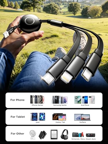 Aioneus Multi Charging Cable 3A Retractable Multi Charging Cord 3 in 1 Fast Charger Multiple Charger USB Cable with Lightning/Type C/Micro USB for Cell Phones/IP/Galaxy/PS/Tablets/iPads – Enhanced Compatibility and Speed