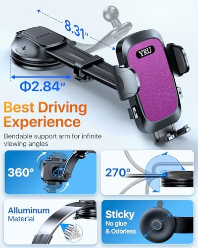 YRU 2025 Premium Adjustable Car Phone Holder Mount – Versatile Bendable Aluminum Arm for Secure Dashboard & Windshield Positioning – Universal Compatibility for i Phone 16, 15, 14, 13 Pro Max, Samsung & More – Sleek Black Design for Modern Vehicles – Effortless Tool-Free Installation – Enhance Navigation & Hands-Free Calling Experience