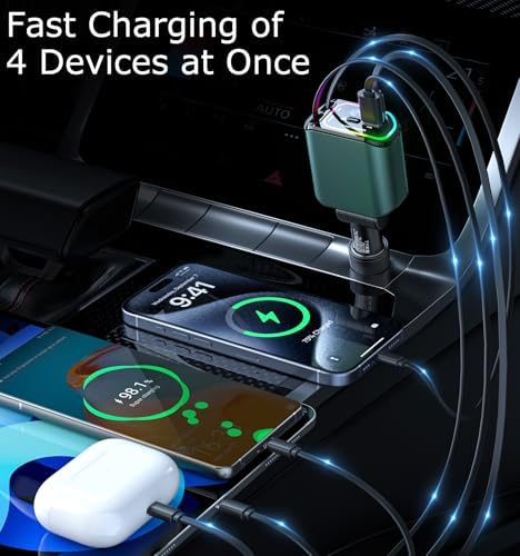 Ultra-Fast 100 W Retractable USB C Car Charger – 4-in-1 Multi-Device Fast Charging Solution with RGB Light for i Phone, Samsung, Android & Laptops – Compact Design for Effortless Portability and Tangle-Free Storage