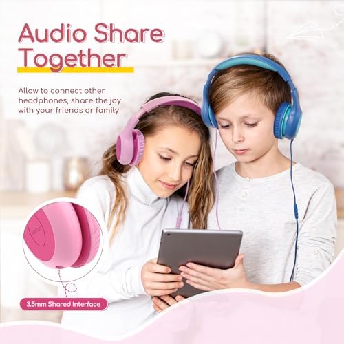 Kid-Friendly Foldable Wired Headphones with Microphone – Volume Limiting Safety (85/94 d B) for Hearing Protection, Share Port for Collaborative Audio, Ideal for Tablets, PCs, and School Use – Enhanced Type C Compatibility for Optimal Sound Quality and Comfort