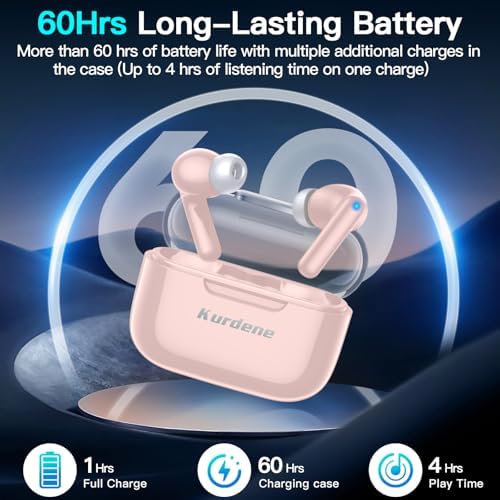 Kurdene Pink Wireless Earbuds – Advanced Bluetooth 5.3 Waterproof Headphones with Hi-Fi Stereo Sound and Active Noise Cancelling Mic for Ultimate Fitness Performance – Compatible with i Phone, Samsung & Android Devices