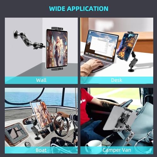 Premium Aluminum Heavy Duty Tablet Holder Mount for Vehicles – 360° Adjustable Drill Base Stand for i Pad Pro, Air, Mini & Samsung Galaxy Tabs (4.7″ – 12.9″) – Ideal for Car, Truck, Wall, and Desk Use with Enhanced Stability and Effortless Access