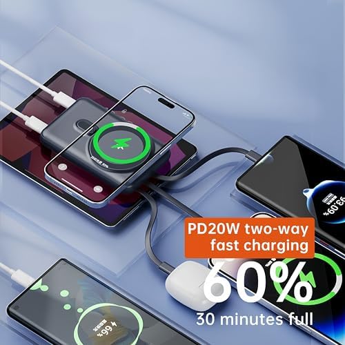 RCHL Mag Safe Portable Charger with 10,000 m Ah Capacity – 5-in-1 Fast Charging Power Bank Featuring Built-in Cables, LED Display, and Foldable Stand for i Phone 16/15/14/13 & Samsung Galaxy S25/S24 – Ultimate Convenience for On-the-Go Power Solutions