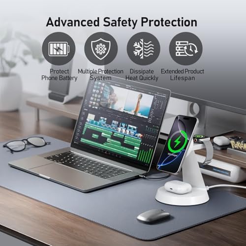 Sleek Pink 3-in-1 Wireless Charging Station for Apple Devices – 15 W Mag Safe Fast Charger Stand for i Phone 16/15/14/13/12, Air Pods & i Watch – Magnetic Alignment for Effortless Power-Up & Clutter-Free Workspace