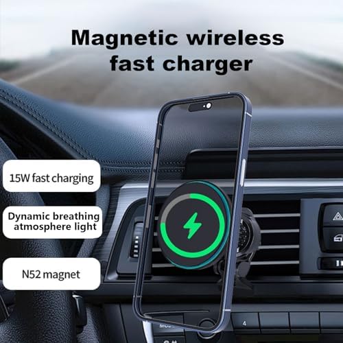 Mag Safe-Compatible 15 W Wireless Car Charger with RGB LED – Magnetic Air Vent Mount for i Phone 12/13/14/15/16 Series, Hands-Free Phone Holder for Enhanced Driving Convenience and Style